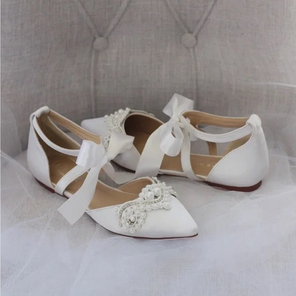 NWOT White Satin Pearl Wedding/Bridal Flats - Picture 2 of 9